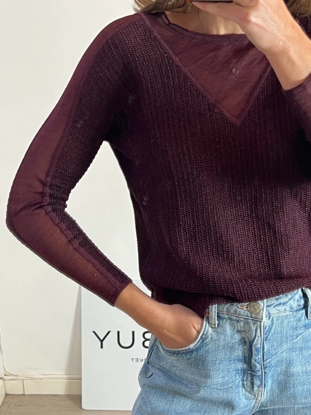 MAJE Sheer-Panel Knit Sweater in Deep Plum Size 1 (small)